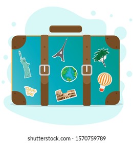 A travel suitcase. Luggage. Travel with a suitcase. Voyage. Vectorial Stoke illustration. On a white background.
