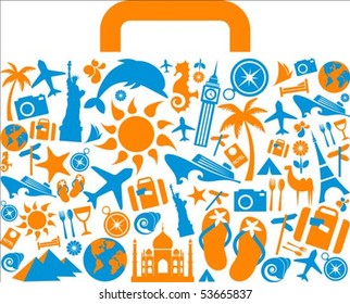 Travel suitcase with many colourful tourism and vacation icons