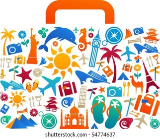 Travel suitcase with many colourful tourism and vacation icons