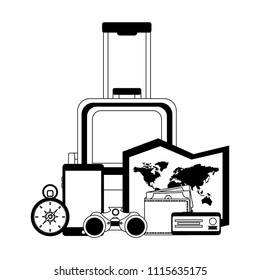 travel suitcase map ticket compass and binoculars