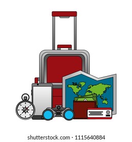 travel suitcase map ticket compass and binoculars