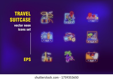 Travel suitcase neon signs collection. Bag, plane, ship and sightseeing. Vector illustrations for bright billboards. Adventure, travelling and activity concept