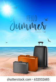 Travel suitcase on the beach vector illustration. Hello summer vacation design banner backgorund concept. Bag for journey on the sand.