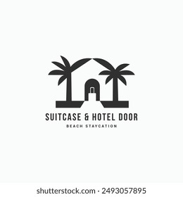 Travel suitcase on front of homestay hotel door logo design concept. Beach resort staycation holiday logo