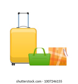 Travel suitcase on wheels, bag for everyday life, suitcase for travel, tourism. Journey package, business travel bag, trip luggage. Collection different bags, suitcases, luggage. Vector illustration