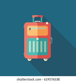 Travel suitcase on wheels flat square icon with long shadows.