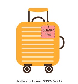 Travel suitcase on wheels with label Summer time. Luggage bag for summer vacation, journey, holiday. 