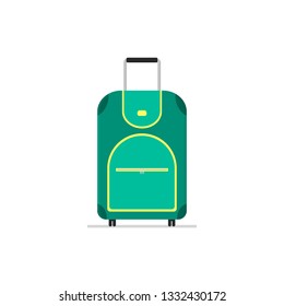 Travel suitcase on wheels with telescopic handle. Tourist luggage. Big cloth bag for journey. Traveler baggage. Cartoon icon. Colorful vector illustration in flat style isolated on white background.