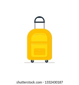 Travel suitcase on wheels with telescopic handle. Tourist luggage. Bright yellow cloth bag. Baggage of traveler. Colorful vector illustration in flat style isolated on white background. Cartoon icon.
