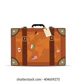 Travel Suitcase on white background. Luggage with traveling stickers.
