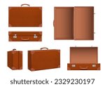 Travel suitcase. Open and closed retro baggage leather suitcase decent vector realistic set