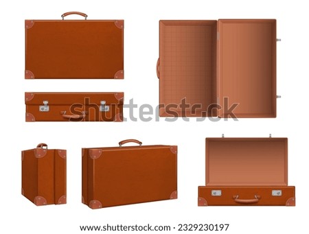 Travel suitcase. Open and closed retro baggage leather suitcase decent vector realistic set