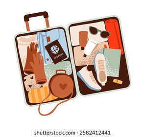 Travel suitcase with packed clothing, accessories. Travel luggage and essential items. Packing checklists. Flat vector illustration.