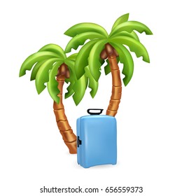 Travel suitcase with palms isolated on white background. Vector image
