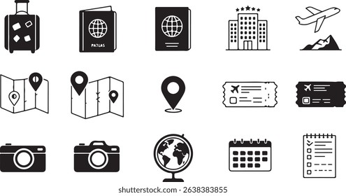Travel — suitcase, passport, airplane, hotel, map, location pin, ticket, camera, globe, itinerary. icon sheet file black and white