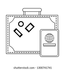 travel suitcase and passport in black and white