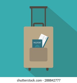 Travel suitcase with passport and boarding pass ticket icon. Flat vector illustration