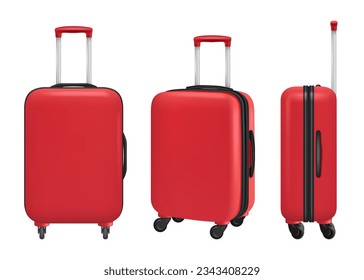 Travel suitcase. Realistic plastic trolley bags different points view decent vector template picture to adventure time and trevellers