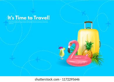 Travel Suitcase Realistic. It’s Time to Travel text. Travel concept background. Realistic design elements  vector illustration.