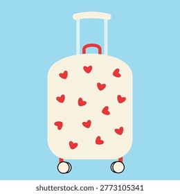 Travel suitcase with red hearts pattern and wheels. Romantic style luggage bag for summer vacation, honeymoon trip and holiday tourism design