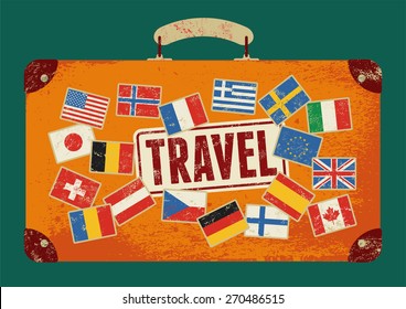 Travel suitcase retro grunge poster design. Vintage design old suitcase with flag labels. Vector illustration.