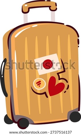 Travel suitcase with rolling wheels, flag badge and heart sticker. Luggage symbol for trip to Japan, tourism concept in hand drawn cartoon style, vector illustration.