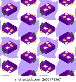 Travel Suitcase Seamless Pattern Design. Purple cartoon suitcases with stickers on wavy lilac and white background, flat isometric style.