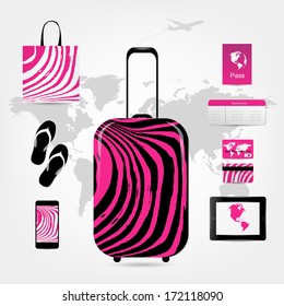 Travel suitcase with set of icons, pink zebra style