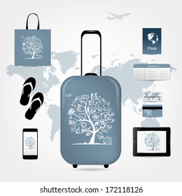 Travel suitcase with set of icons for your design