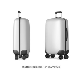 Travel suitcase set isolated on white background. Vector realistic illustration of metallic color bag with wheels and handle, tourist baggage, packed luggage, business briefcase for transportation