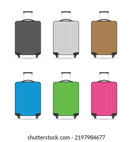 Travel suitcase set with wheels in flat style. Plastic travel bag isolated on white background. Baggage icon. Luggage case vector illustration. Travelling, tourism or trip concept. EPS 10.