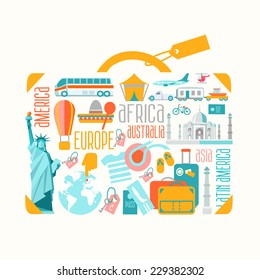 Travel suitcase silhouette composed from many travel objects and elements. Suitable for design or web design. Vector illustration in modern flat style.