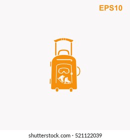 Travel suitcase and skates, ski goggles vector icon