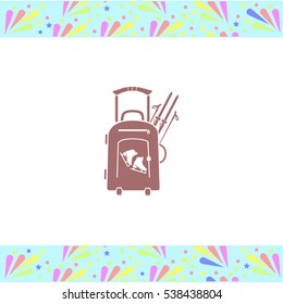 Travel suitcase and skates, skiing vector icon on white background. Isolated illustration. Business picture.
