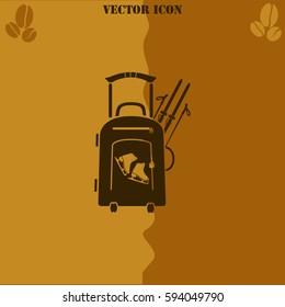 Travel suitcase and skates, skiing vector  icon Coffee symbol background.