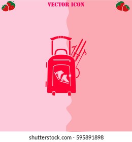 Travel suitcase and skates, skiing vector  icon. Strawberry Background.
