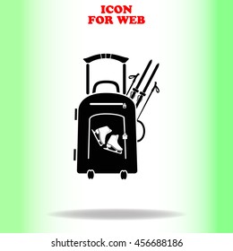 Travel suitcase and skates, skiing web icon. Black illustration on white background