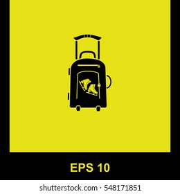 Travel suitcase and skates vector black icon. Isolated illustration. Business picture.