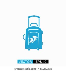Travel suitcase and skates vector. Isolated blue icon on white background.