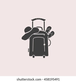 Travel suitcase, slippers and  beach hat web icon. Isolated illustration