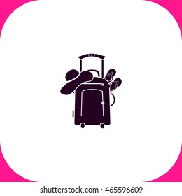 Travel suitcase, slippers and  beach hat vector icon on white background.