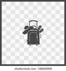 Travel suitcase, slippers and  beach hat vector icon. Isolated illustration. Business picture.