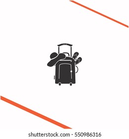 Travel suitcase, slippers and  beach hat vector grey icon on white background. Travel suitcase, slippers and  beach hat symbol stock bitmap illustration. Business picture.