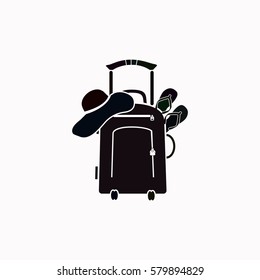 Travel suitcase, slippers and  beach hat  icon. Vector design.