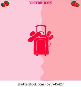 Travel suitcase, slippers and  beach hat vector  icon. Strawberry Background.