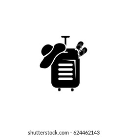 Travel suitcase, slippers and  beach hat vector  icon.
