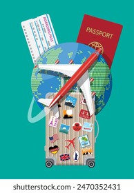 Travel suitcase with stickers of countrys and citys all over the world. Globe with travel destinations, airplane. Passport and boarding pass. Vacation and holiday. Vector illistration in flat style