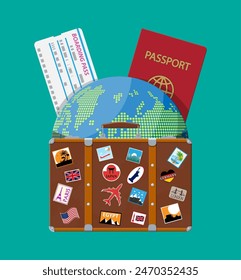 Travel suitcase with stickers of countrys and citys all over the world. Globe with travel destinations. Passport and boarding pass. Vacation and holiday. Vector illistration in flat style