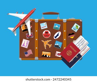 Travel suitcase with stickers of countrys and citys all over the world. Airplane. Passport and boarding pass. Vacation and holiday. Vector illistration in flat style