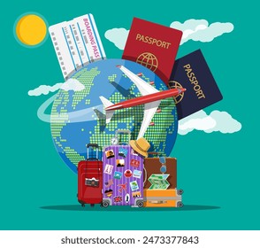 Maleta de viaje con pegatinas de países y ciudades de todo el mundo. Globo con destinos de viaje, avión. Pasaporte y tarjeta de embarque. Vacaciones y vacaciones. Ilustración de Vector en estilo plano